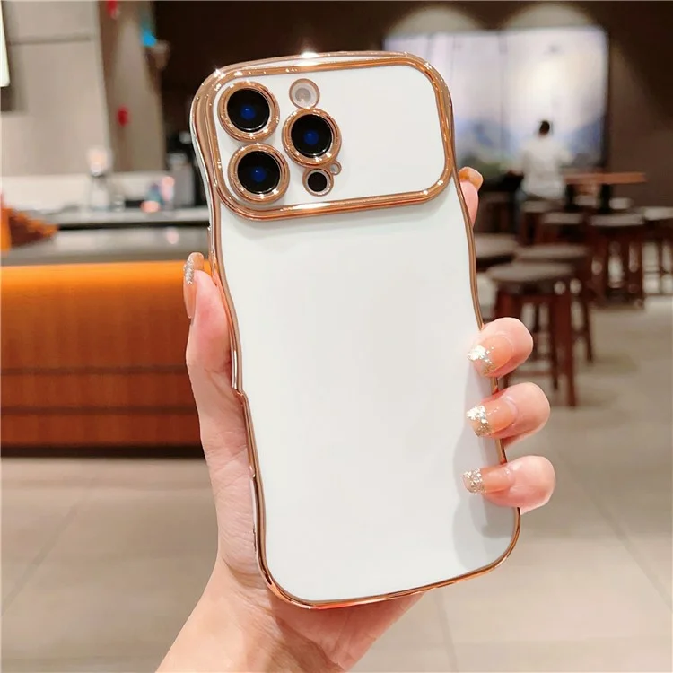 For iPhone 16 Pro Case Large Window TPU Phone Cover Electroplating Wave Frame Design - Ivory White
