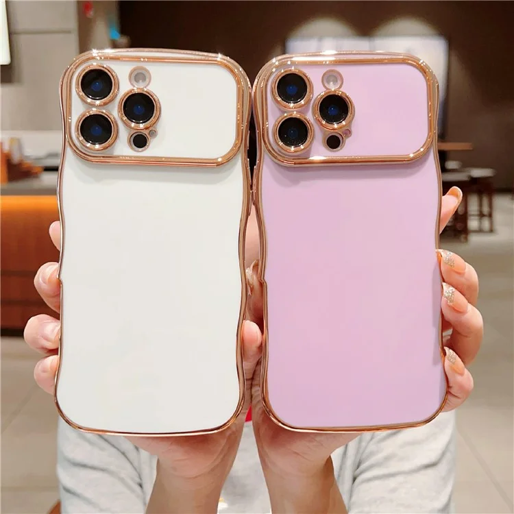 For iPhone 16 Pro Case Large Window TPU Phone Cover Electroplating Wave Frame Design - Ivory White