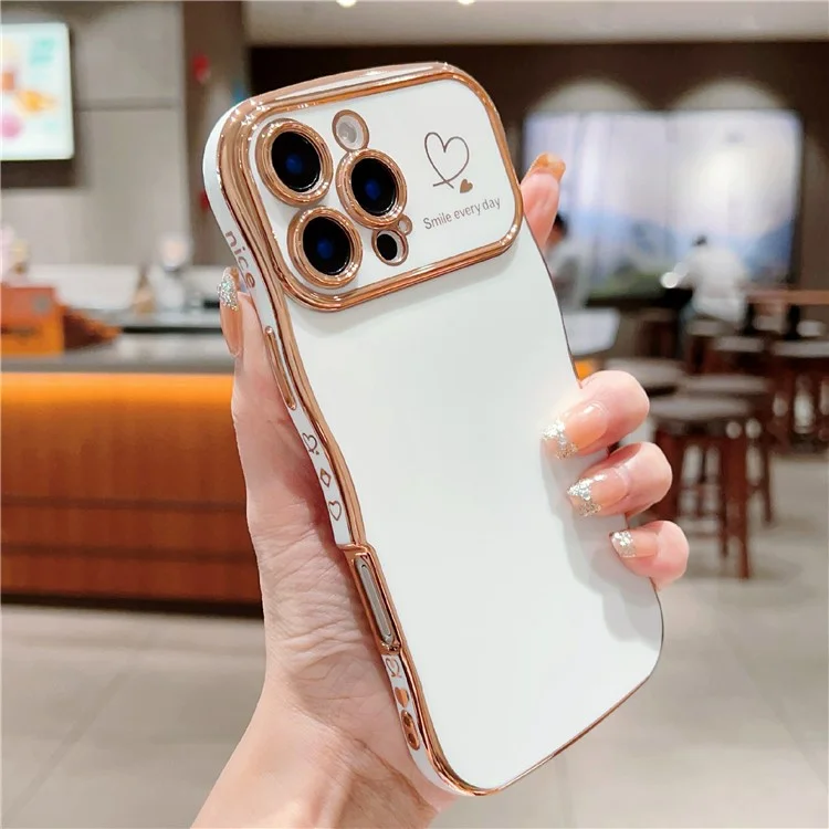 For iPhone 16 Pro Case Curly Wave Frame Electroplating TPU Phone Cover Side Love Hearts - Ivory White