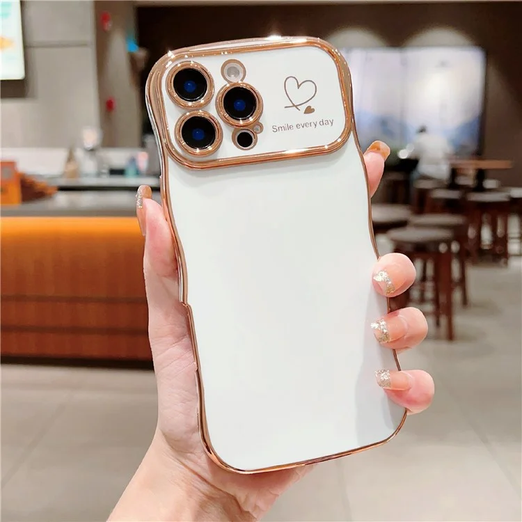 For iPhone 16 Pro Case Curly Wave Frame Electroplating TPU Phone Cover Side Love Hearts - Ivory White