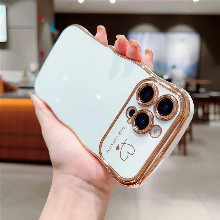 For iPhone 16 Pro Case Curly Wave Frame Electroplating TPU Phone Cover Side Love Hearts - Ivory White