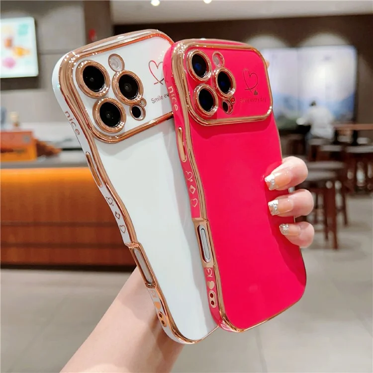 For iPhone 16 Pro Case Curly Wave Frame Electroplating TPU Phone Cover Side Love Hearts - Ivory White