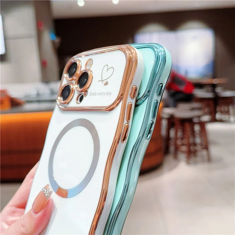 For iPhone 15 Pro Max Magnetic Case Heart Pattern TPU Phone Cover Wave Frame Electroplate - Ivory White