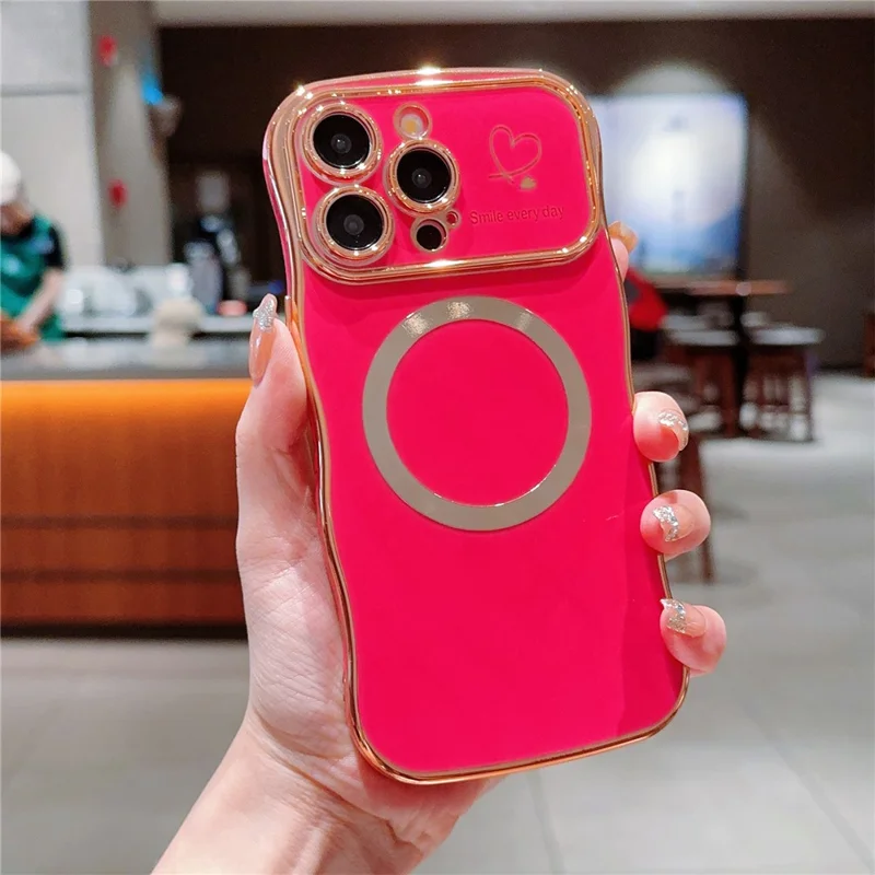 For iPhone 16 Pro Max Magnetic Case Wave Frame TPU Soft Phone Cover Cute Hearts Pattern - Rose