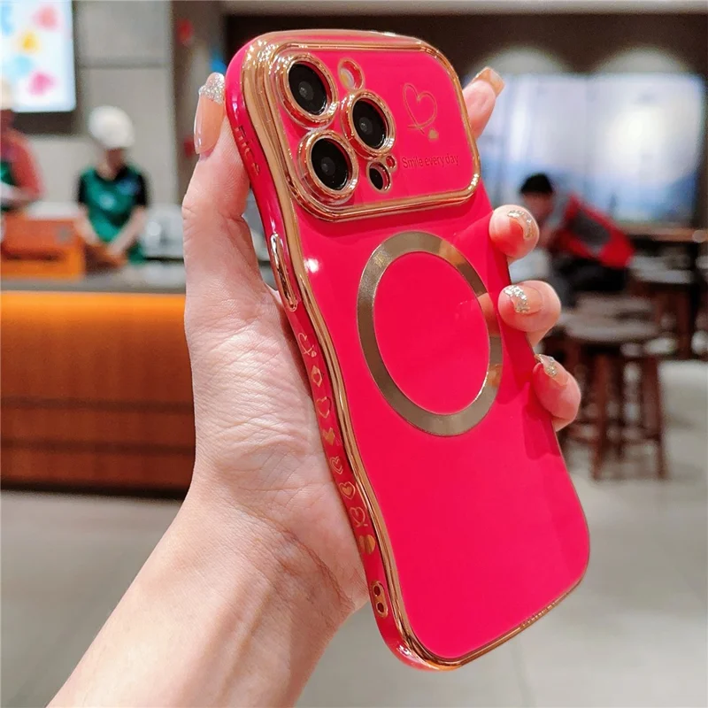 For iPhone 16 Pro Max Magnetic Case Wave Frame TPU Soft Phone Cover Cute Hearts Pattern - Rose