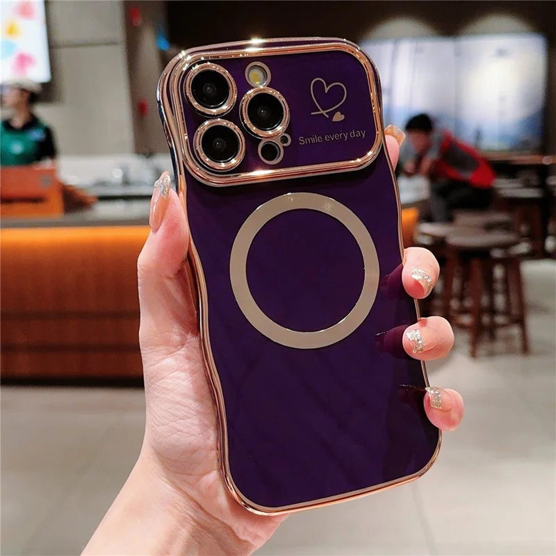 For iPhone 16 Pro Max Magnetic Case Wave Frame TPU Soft Phone Cover Cute Hearts Pattern - Dark Purple