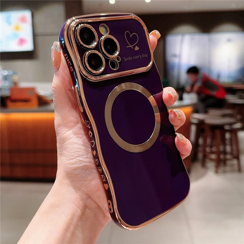 For iPhone 16 Pro Max Magnetic Case Wave Frame TPU Soft Phone Cover Cute Hearts Pattern - Dark Purple