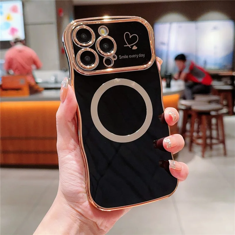 For iPhone 16 Pro Max Magnetic Case Wave Frame TPU Soft Phone Cover Cute Hearts Pattern - Black