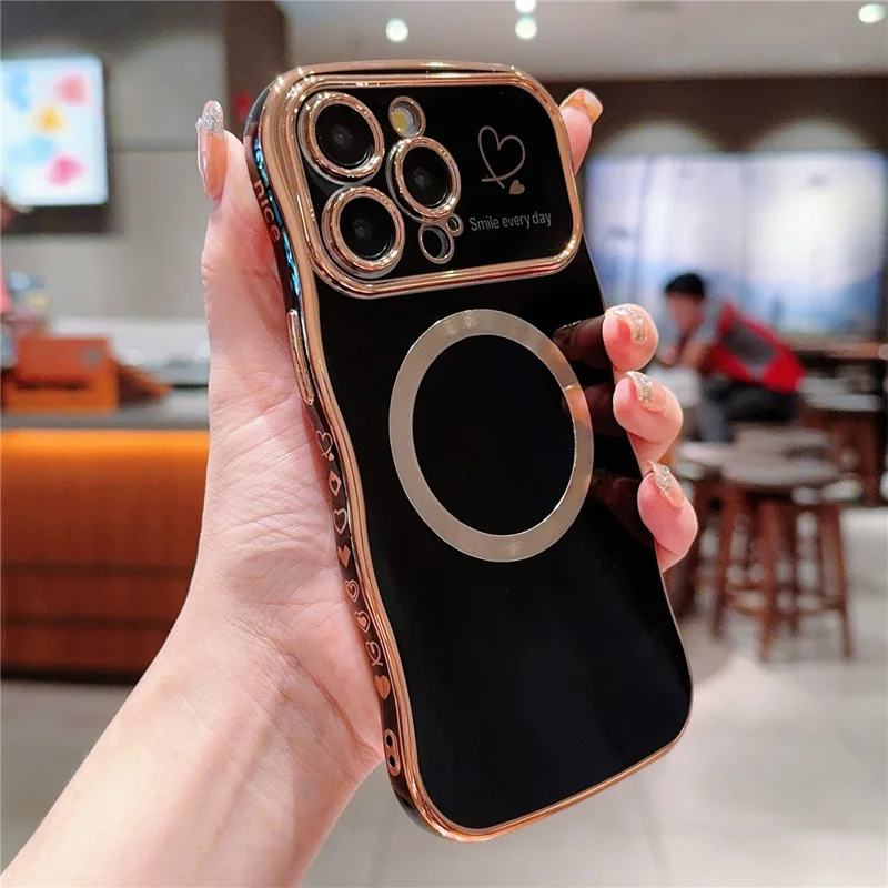 For iPhone 16 Pro Max Magnetic Case Wave Frame TPU Soft Phone Cover Cute Hearts Pattern - Black
