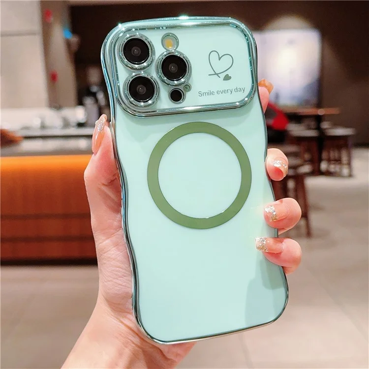 For iPhone 16 Pro Magnetic Case Curly Frame Design TPU Phone Cover Aesthetic Heart Pattern - Green