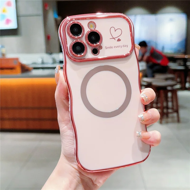 For iPhone 16 Pro Magnetic Case Curly Frame Design TPU Phone Cover Aesthetic Heart Pattern - Rose Pink