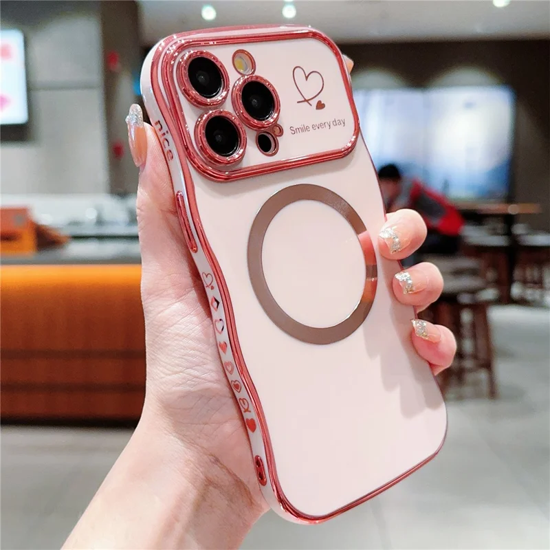 For iPhone 16 Pro Magnetic Case Curly Frame Design TPU Phone Cover Aesthetic Heart Pattern - Rose Pink