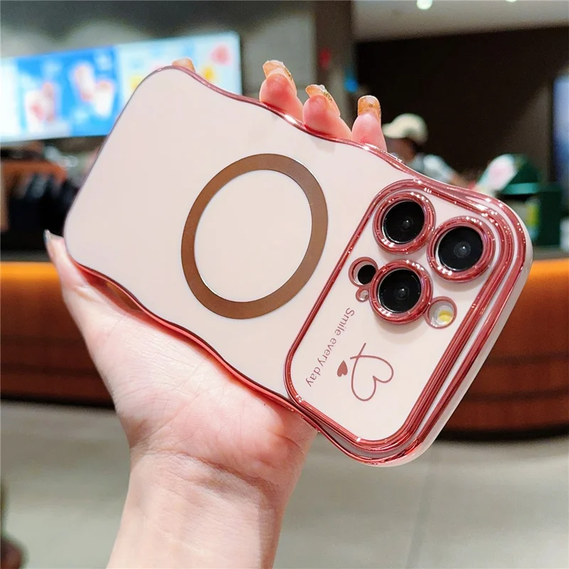 For iPhone 16 Pro Magnetic Case Curly Frame Design TPU Phone Cover Aesthetic Heart Pattern - Rose Pink