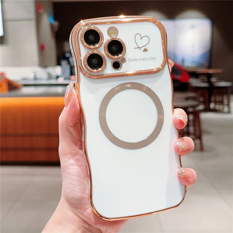 For iPhone 16 Pro Magnetic Case Curly Frame Design TPU Phone Cover Aesthetic Heart Pattern - Ivory White