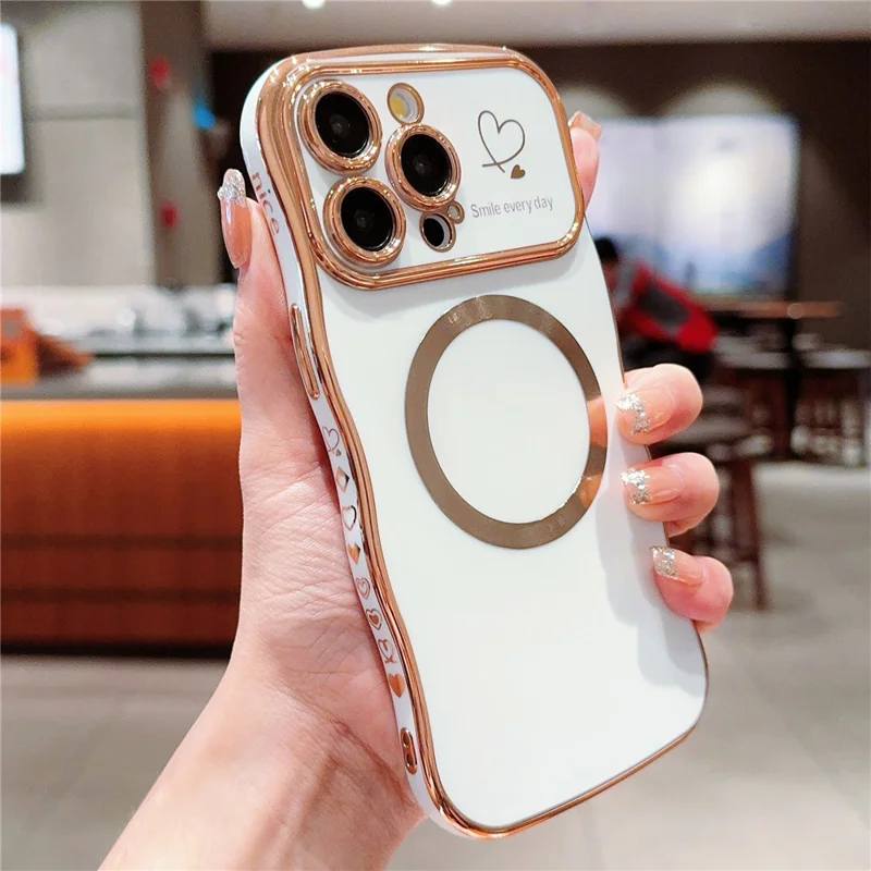 For iPhone 16 Pro Magnetic Case Curly Frame Design TPU Phone Cover Aesthetic Heart Pattern - Ivory White