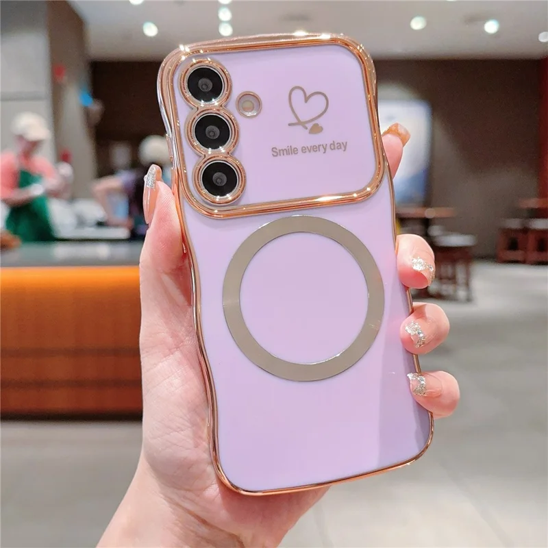 For Samsung Galaxy S24 Magnetic Case Wavy Edge TPU Phone Cover Heart Pattern Design - Purple