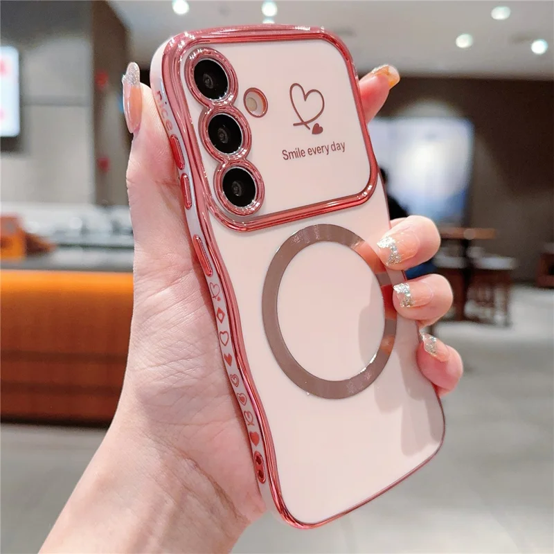 For Samsung Galaxy S24 Magnetic Case Wavy Edge TPU Phone Cover Heart Pattern Design - Rose Pink