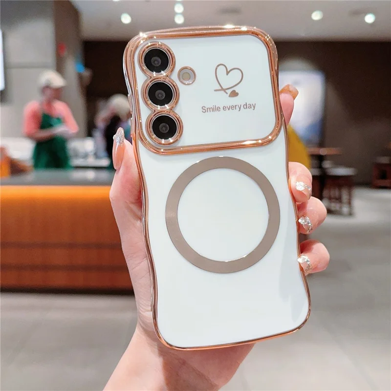 For Samsung Galaxy S24 Magnetic Case Wavy Edge TPU Phone Cover Heart Pattern Design - Ivory White