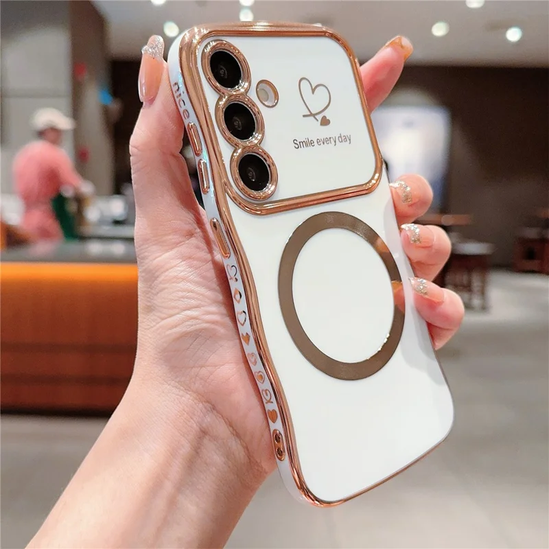 For Samsung Galaxy S24 Magnetic Case Wavy Edge TPU Phone Cover Heart Pattern Design - Ivory White