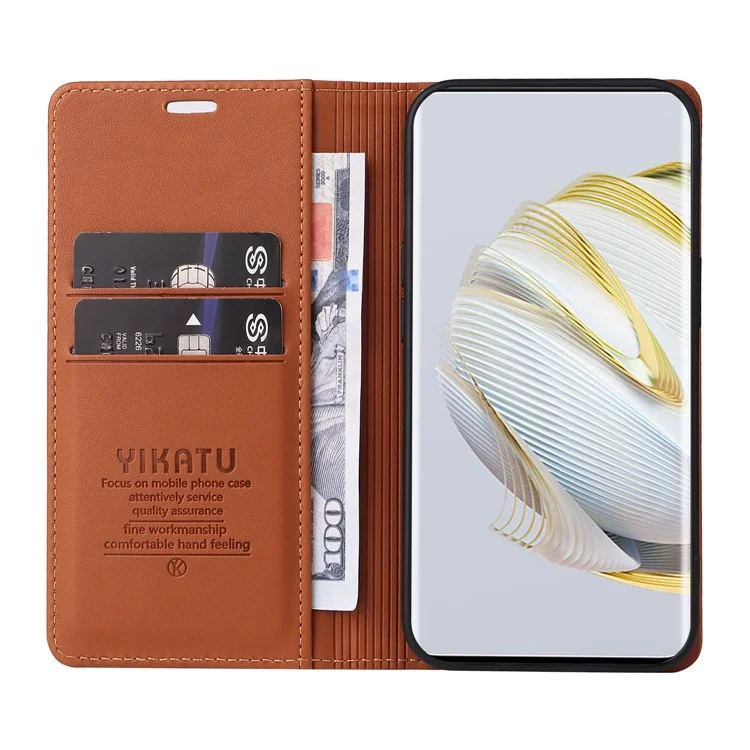 YIKATU YK-001 für Huawei Pura 70 Pro / Pura 70 Pro+ Hülle Wallet Flip Leder Handyhülle Versteckte Magnetverschluss - Braun