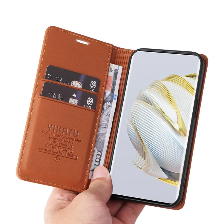 YIKATU YK-001 für Huawei Pura 70 Pro / Pura 70 Pro+ Hülle Wallet Flip Leder Handyhülle Versteckte Magnetverschluss - Braun