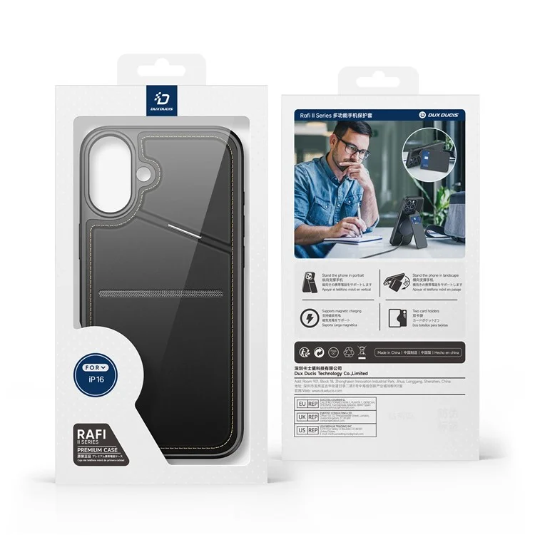 DUX DUCIS Rafi II Series for iPhone 16 Magnetic Case RFID Blocking Leather+TPU Phone Cover - Black