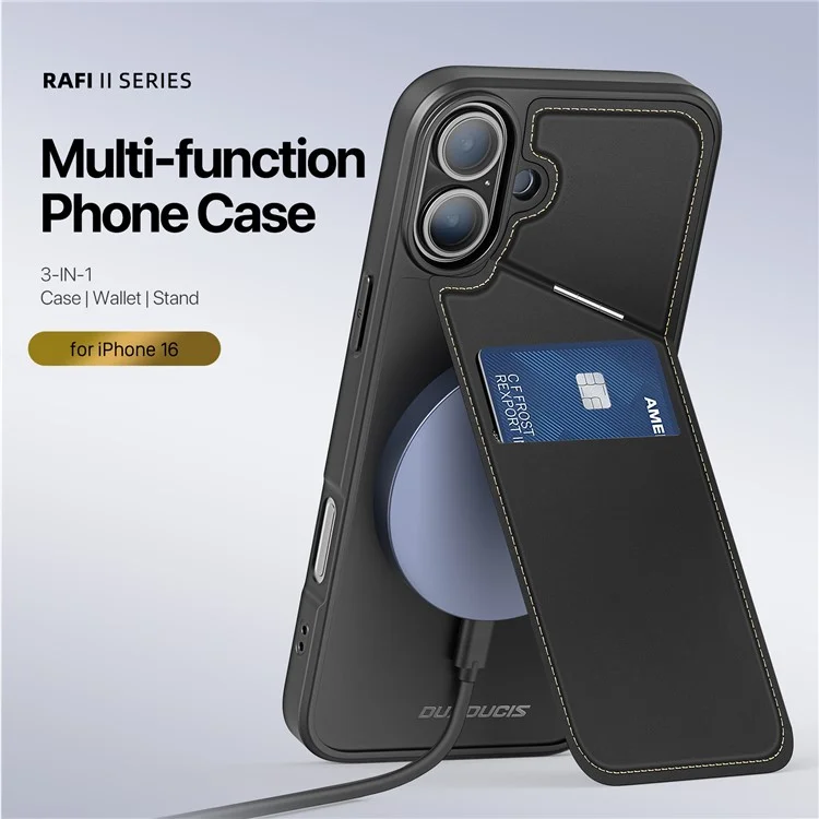 DUX DUCIS Rafi II Series for iPhone 16 Magnetic Case RFID Blocking Leather+TPU Phone Cover - Black