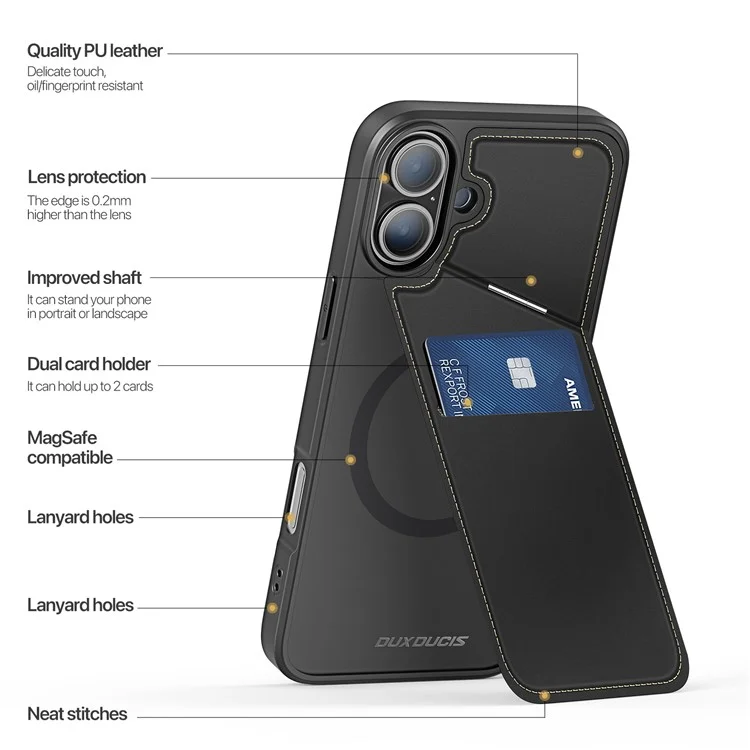 DUX DUCIS Rafi II Series for iPhone 16 Magnetic Case RFID Blocking Leather+TPU Phone Cover - Black
