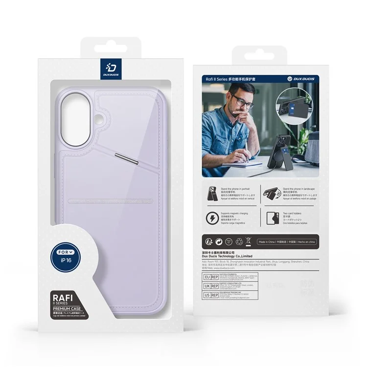 DUX DUCIS Rafi II Series for iPhone 16 Plus Magnetic Phone Case Card Holder Leather Back Cover - Purple