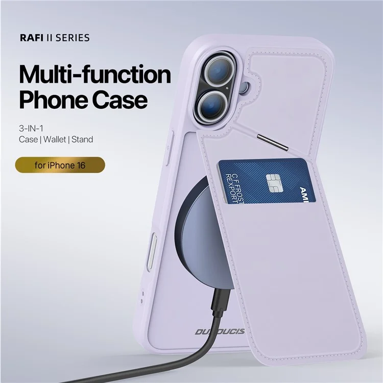 DUX DUCIS Rafi II Series for iPhone 16 Plus Magnetic Phone Case Card Holder Leather Back Cover - Purple