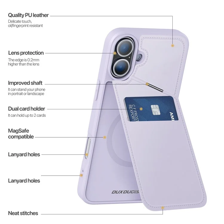 DUX DUCIS Rafi II Series for iPhone 16 Plus Magnetic Phone Case Card Holder Leather Back Cover - Purple