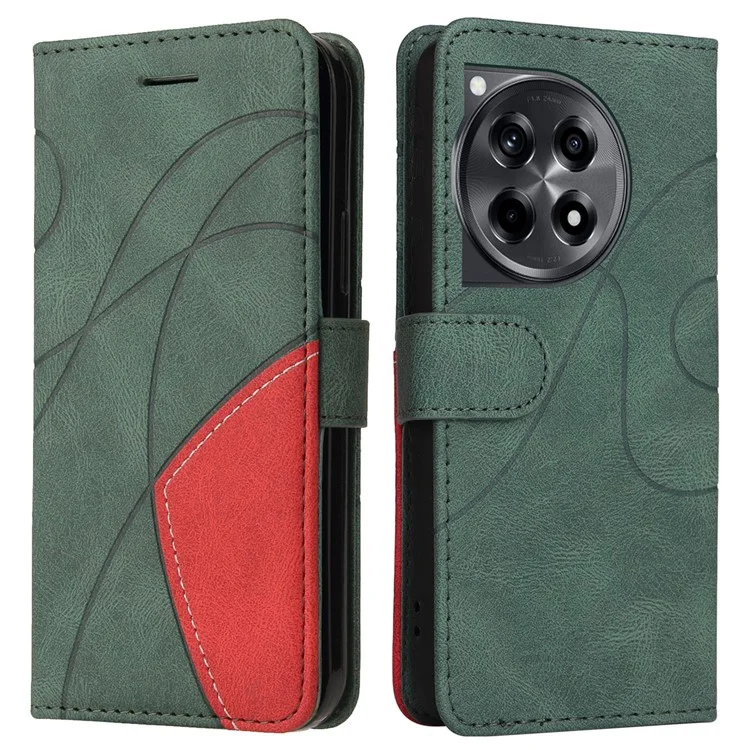 For OnePlus 12R 5G / Ace 3 5G Leather Case Wallet Stand Color Splicing Phone Cover  - Green