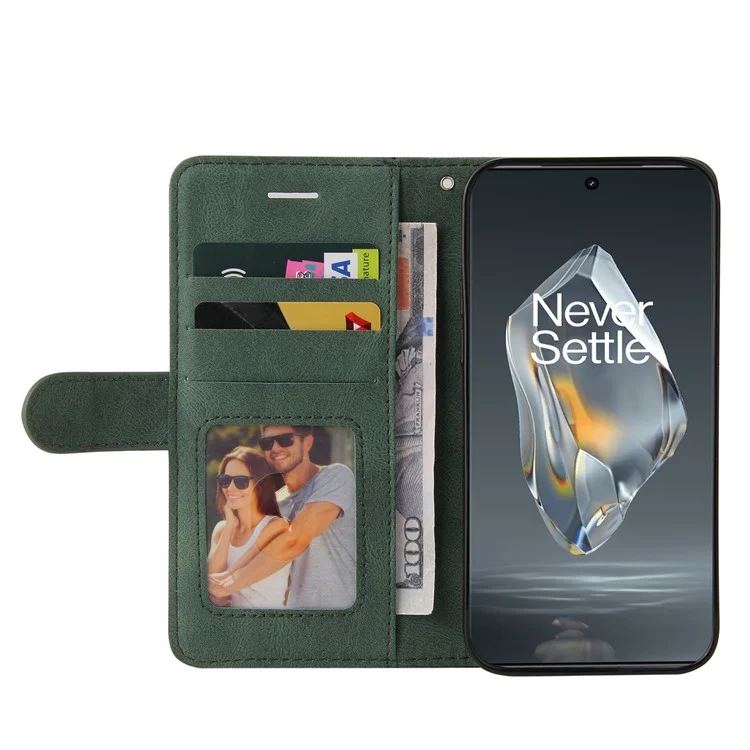 For OnePlus 12R 5G / Ace 3 5G Leather Case Wallet Stand Color Splicing Phone Cover  - Green
