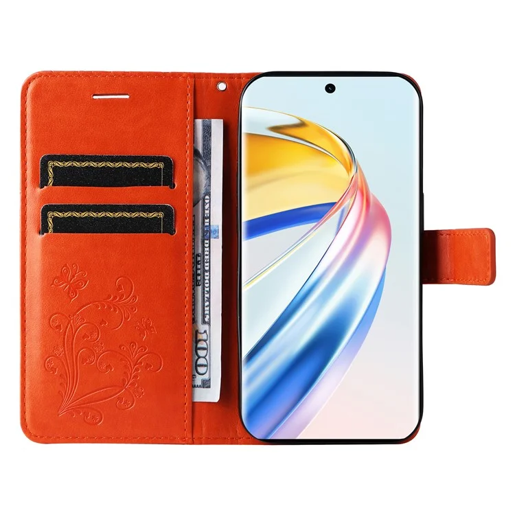 For Honor Magic6 Lite 5G / X9b 5G / X50 5G Wallet Case Floral Butterfly Imprinted Leather Phone Cover Stand - Orange