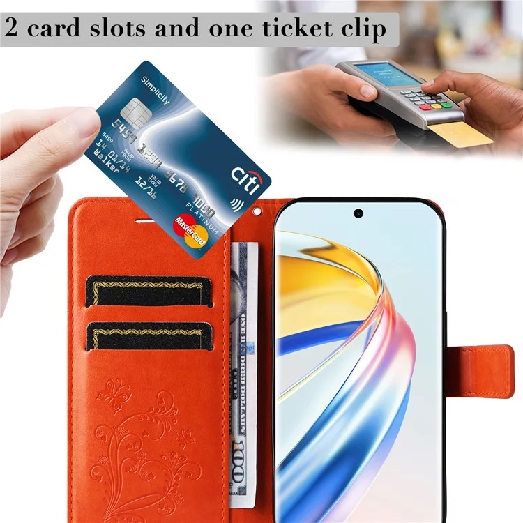 For Honor Magic6 Lite 5G / X9b 5G / X50 5G Wallet Case Floral Butterfly Imprinted Leather Phone Cover Stand - Orange