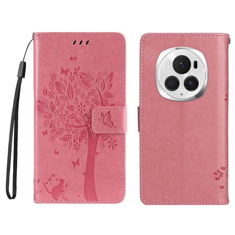 KT Imprinting Flower Series-3 Per Honor Magic6 Pro 5G Custodia Cat-Tree antiurto in pelle - Rosa