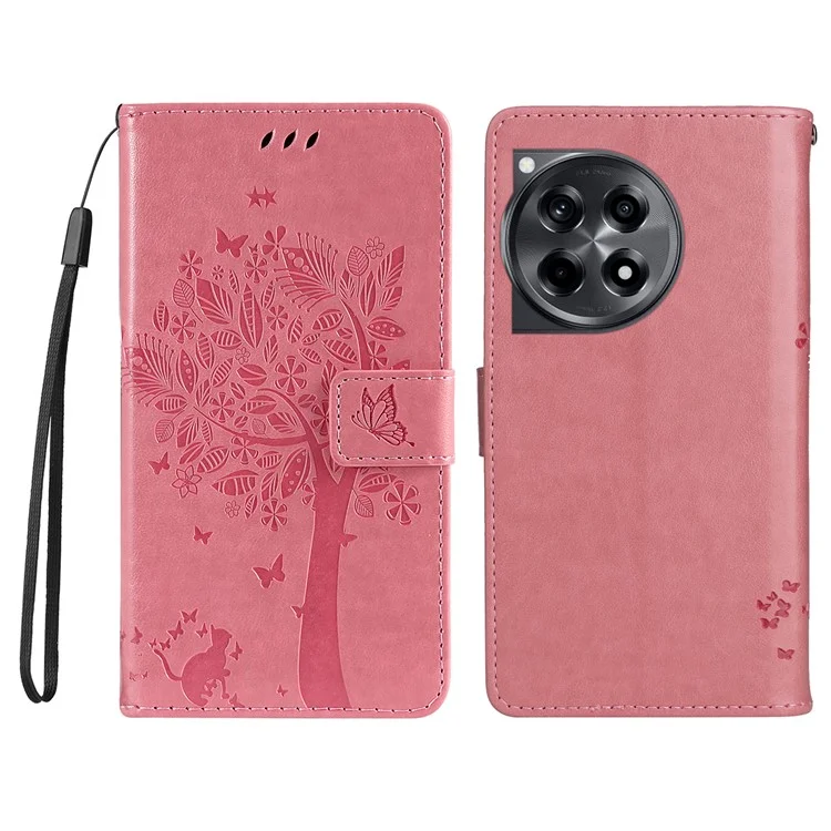 Чехол-книжка KT Imprinting Flower Series-3 для OnePlus 12R 5G / Ace 3 5G, кожаный, с бумажником, Cat Tree - Розовый