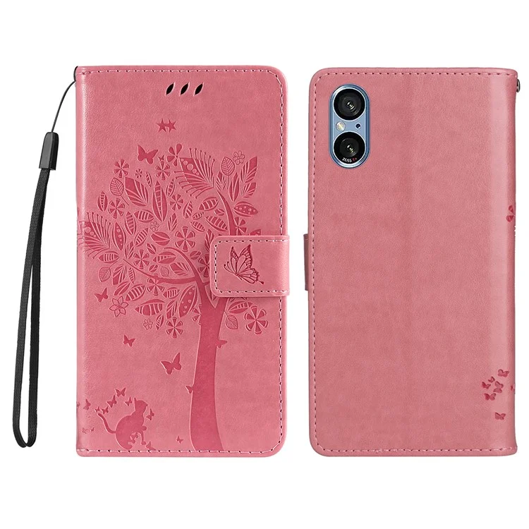 KT Imprinting Flower Series-3 For Sony Xperia 10 VI Case Wallet Leather Phone Cover Cat Tree Magnetic Clasp - Rosa