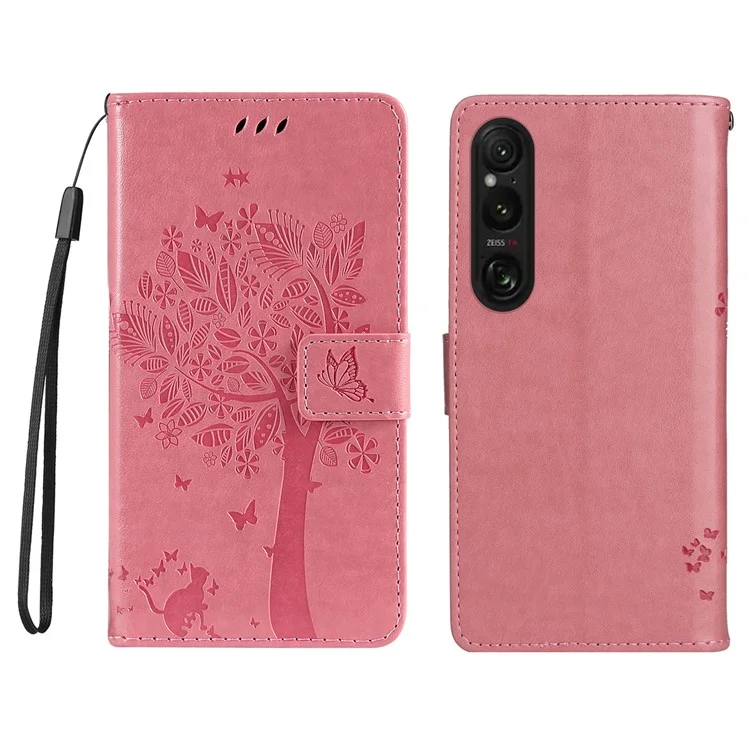 KT Imprinting Flower Series-3 Para Capa de Telefone Sony Xperia 1 VI Engraçado à Prova de Choque Folio Capa de Couro - Rosa