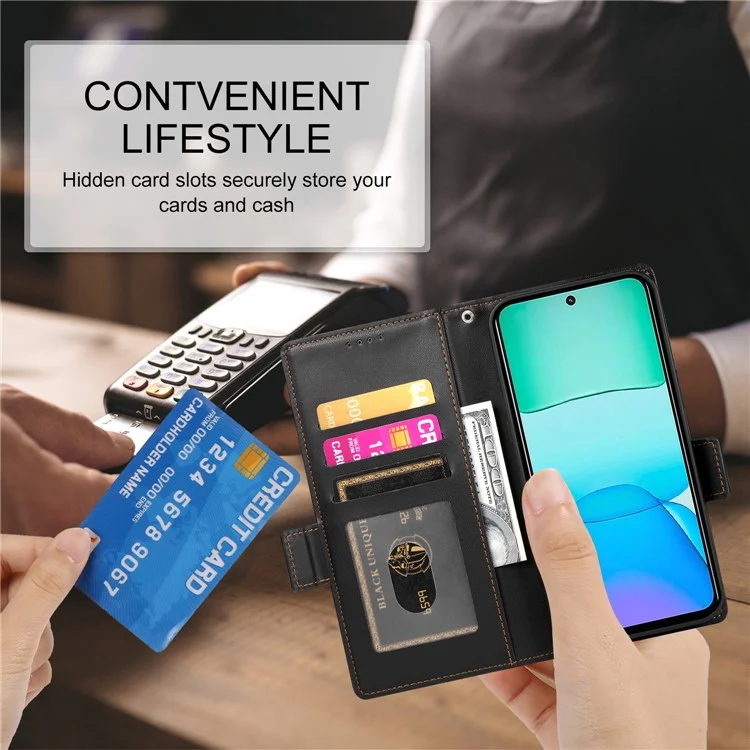 DF-010 Funda de Cartera de Cuero PU con Soporte para Xiaomi Redmi 13 4G / 5G / Note 13R 5G / Poco M6 4G - Negro