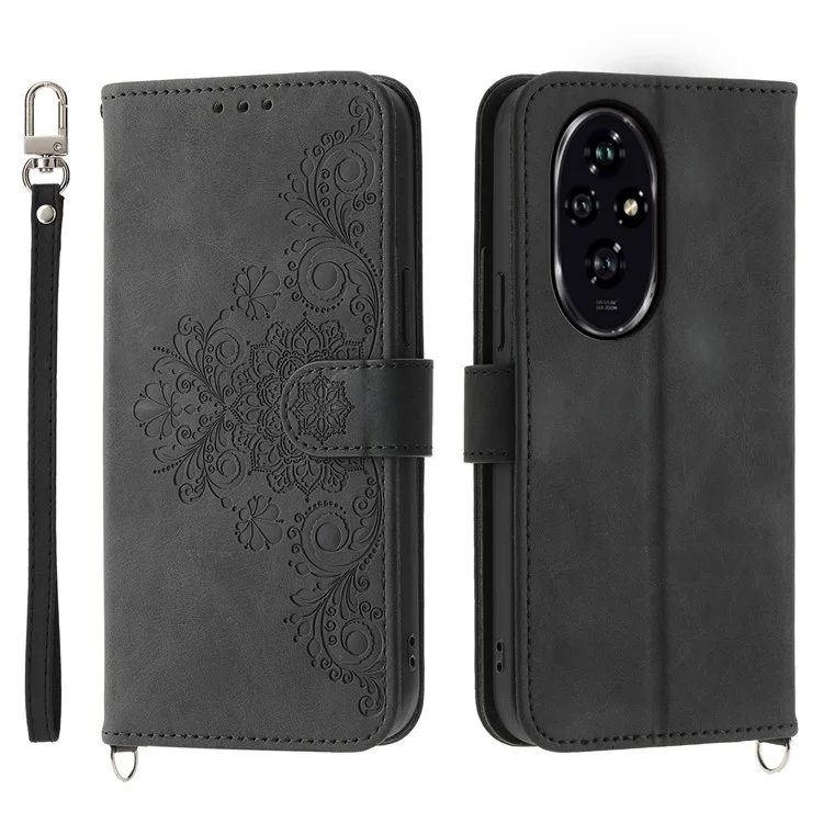 For Honor 200 5G Case Flower Pattern PU Leather Wallet Phone Cover with Shoulder Strap - Schwarz