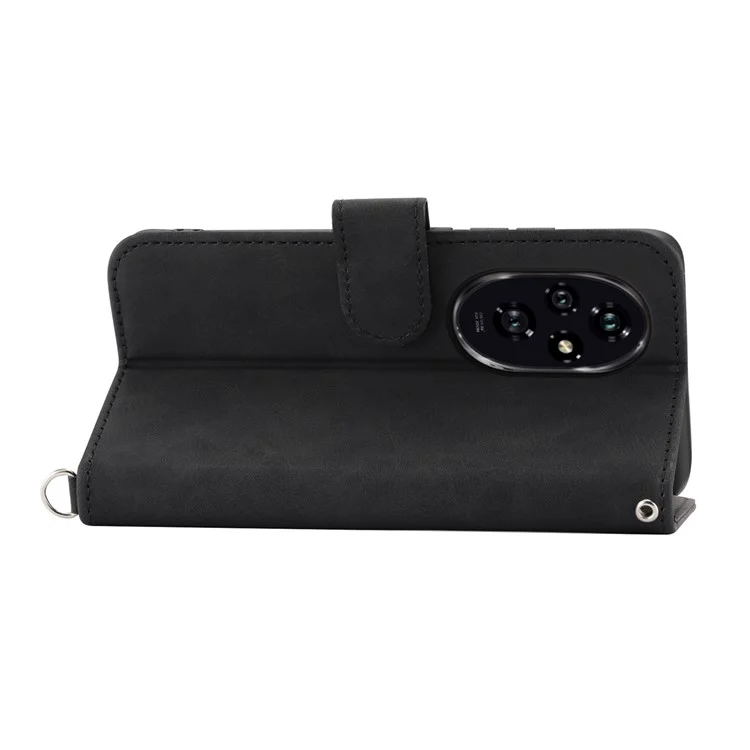 For Honor 200 5G Case Flower Pattern PU Leather Wallet Phone Cover with Shoulder Strap - Schwarz