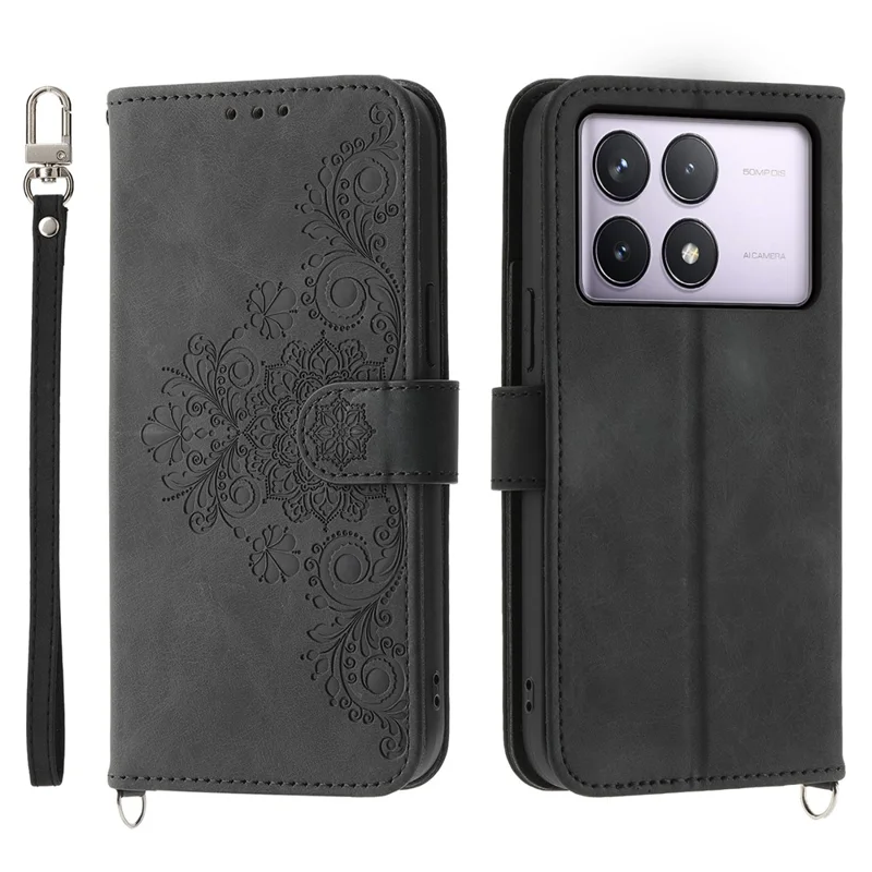 Para Xiaomi Poco F6 Pro 5G / Redmi K70 5G / K70 Pro 5G Capa de Carteira Padrão de Flor Couro PU Capa de Telefone - Preto