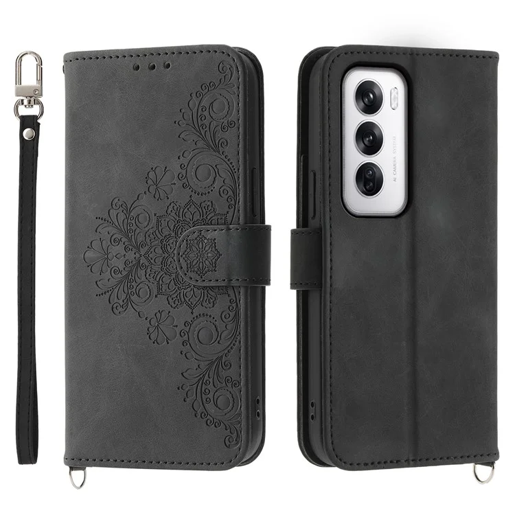 Для Oppo Reno12 5G (Global) Кошелек Чехол для телефона Цветочный тиснение PU Кожаный Flip Cover с ремешками - Черный