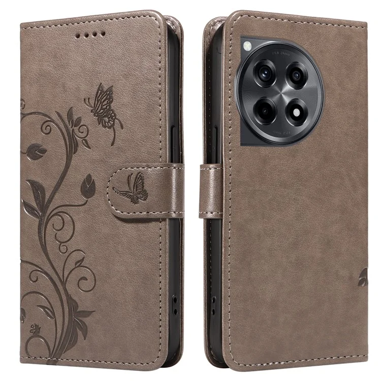 For OnePlus 12R 5G / Ace 3 5G PU Leather Cases Flower Pattern Wallet Stand Phone Cover with Strap - Grey