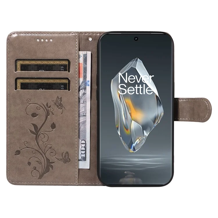 For OnePlus 12R 5G / Ace 3 5G PU Leather Cases Flower Pattern Wallet Stand Phone Cover with Strap - Grey
