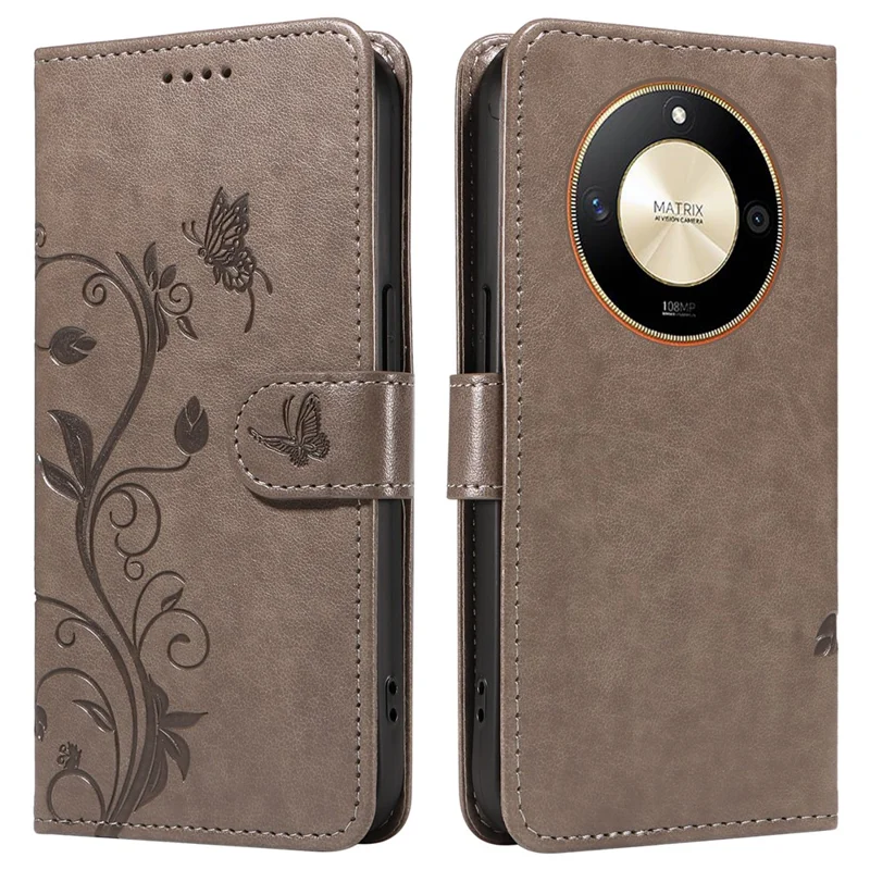 For Honor Magic6 Lite 5G / X9b 5G / X50 5G PU Leather Cases Flower Pattern Wallet Stand Phone Cover with Strap - Grey