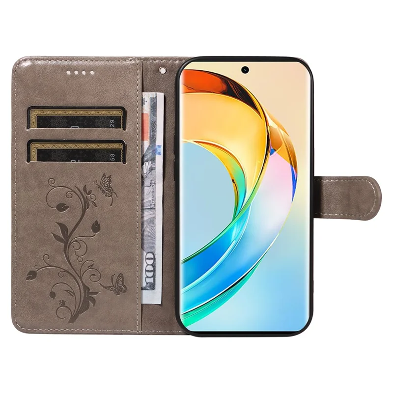 For Honor Magic6 Lite 5G / X9b 5G / X50 5G PU Leather Cases Flower Pattern Wallet Stand Phone Cover with Strap - Grey