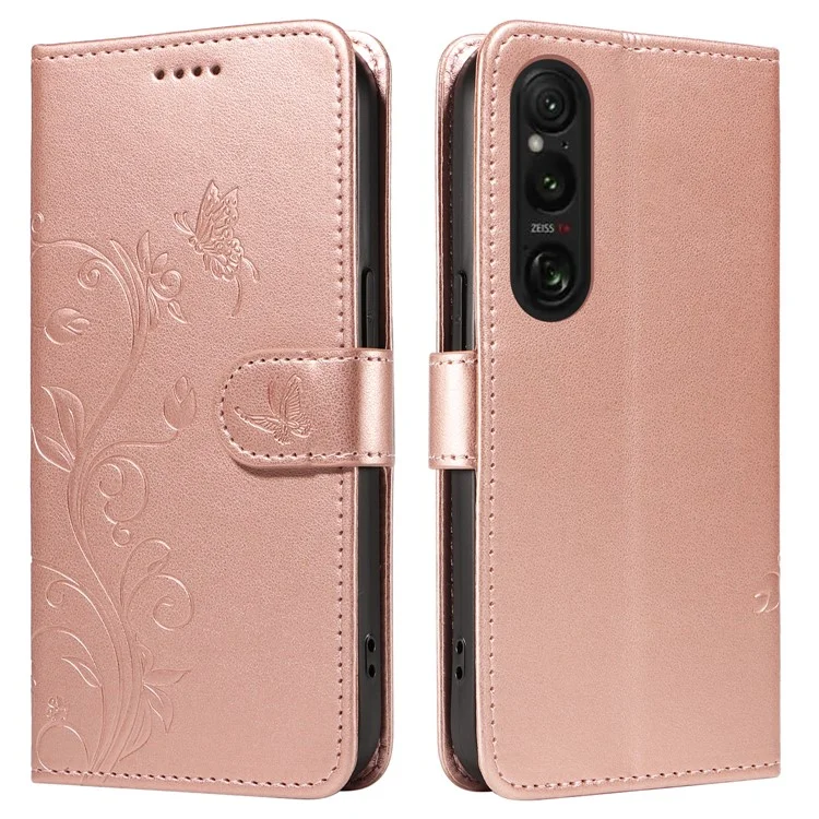 Para Sony Xperia 1 VI Case Floral Butterfly PU Leather Phone Cover Magnetic Clasp - Rose Gold