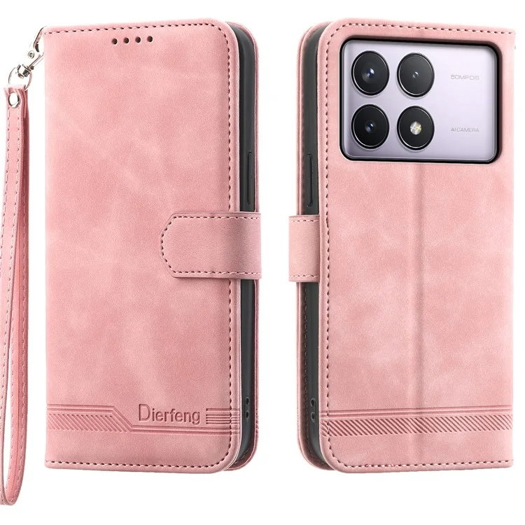 DIERFENG DF-03 für Xiaomi Poco F6 Pro 5G / Redmi K70 5G / K70 Pro 5G Wallet Phone Case Lederabdeckung Linien geprägt - Pink